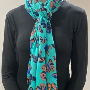 Butterfly Print Scarf - Teal and Orange